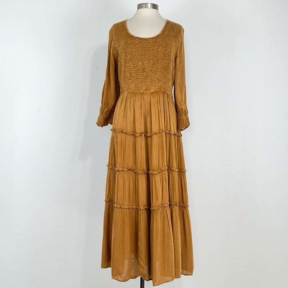 Boho Renaissance Peasant Maxi Dress Sz XL Smocked Tiered Cottagecore Ren Faire - Picture 1 of 8